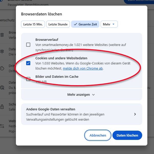 "Cookies und andere Websitedaten" auswählen und "Daten löschen" klicken